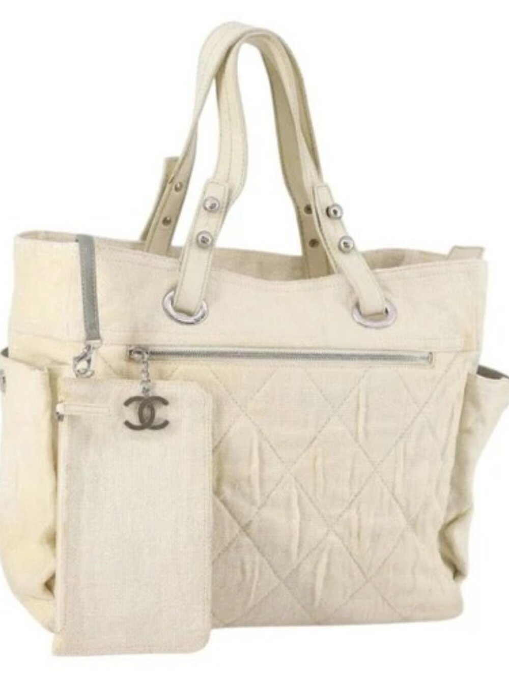 CHANEL Paris Biarritz GM Tote Bag Coated Canvas White Silver CC Auth 142940